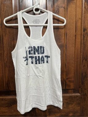Shield Republic White Racerback Tank Top with Navy “ 'I’ 2nd That” Graphic